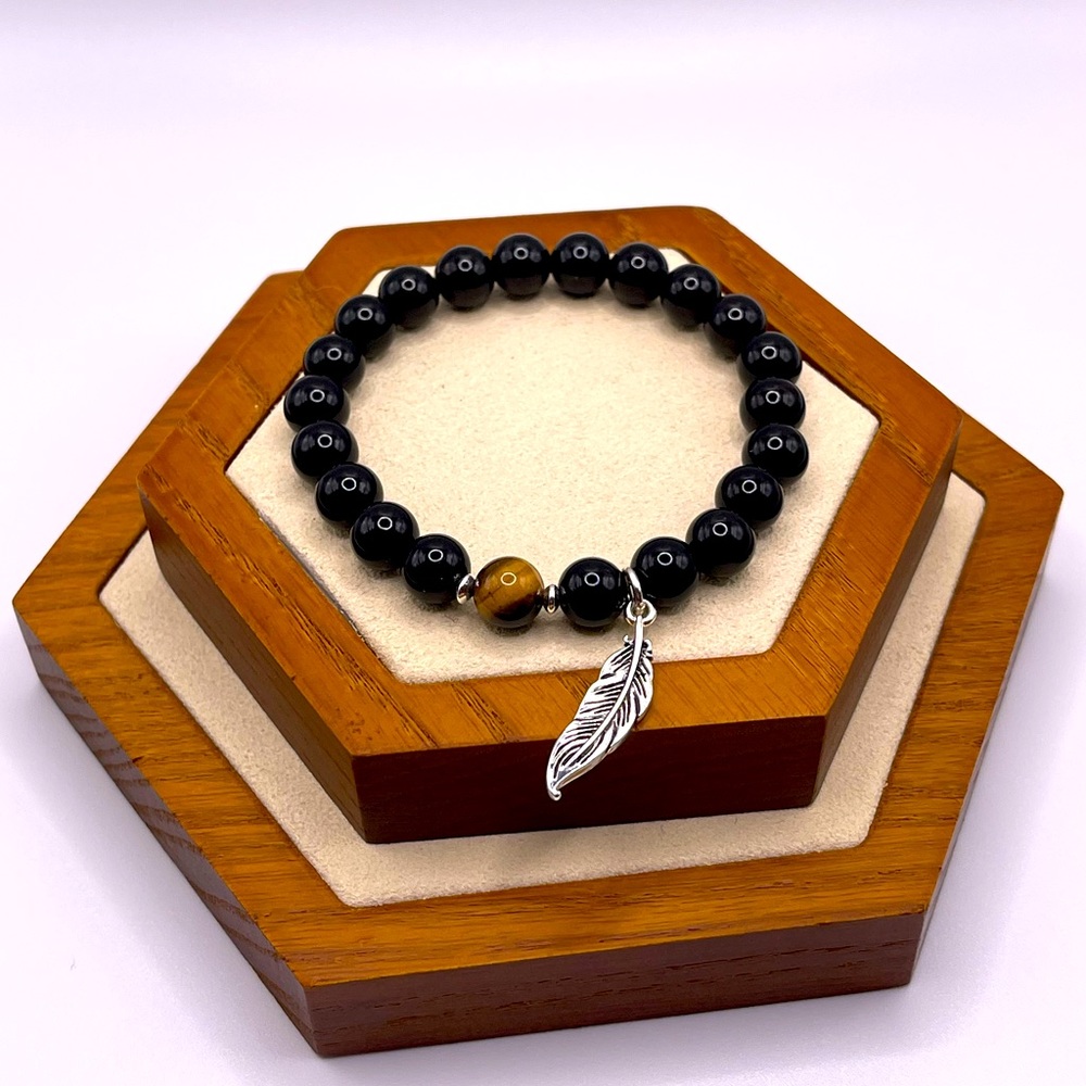 Onyx & Tiger Eye Feather Bracelet